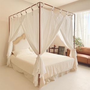 Сanopy bed curtains / Linen curtains tie top / Lace Bed canopy curtains queen / Sheer boho curtains