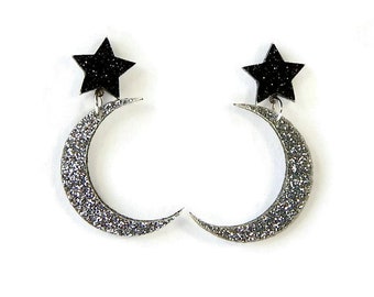 Star and Moon Dangle Earrings, Silver and Black Glitter Celestial Acrylic Jewelry, Laser Cut Space Drop Earrings, Outer Space Galaxy Plastic