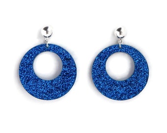 Retro Hoop Earrings Blue Glitter, Vintage Inspired Mod Hoop Earrings, Womens Acrylic Dangle Hoop Earrings, Gold or Silver Colored Studs