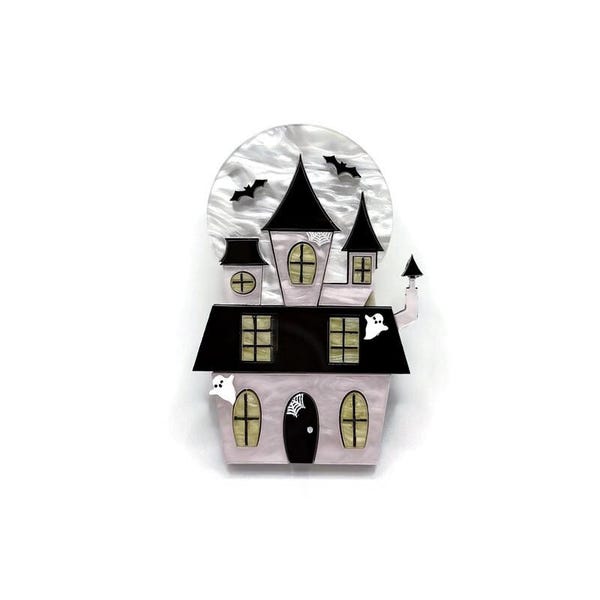 Layered Acrylic Haunted House Brooch, Pastel Goth Halloween Accessory