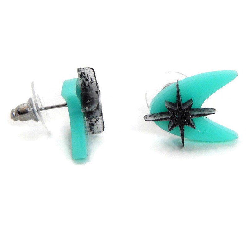 Aqua Mid Century Boomerang Stud Earrings, Atomic 1950s 1960s Laser Cut Acrylic Studs, Retro Celestial Earring, Vintage Style Pinup Jewelry image 5