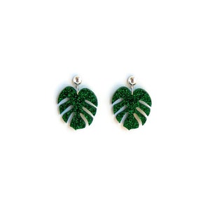 Green Glitter Monstera Leaf Dangle Earrings, Retro Summer Drop Earrings, Tropical Palm Leaf Statement Earrings, Vintage Pin Up Style Jewelry image 8