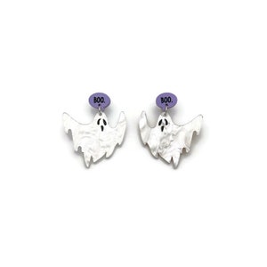 Boo Ghost Oorbellen, Cute Spooky Season Novelty Oorbellen, Unieke Witte en Paarse Acryl Statement Oorbellen, Creepy Cute Halloween Sieraden