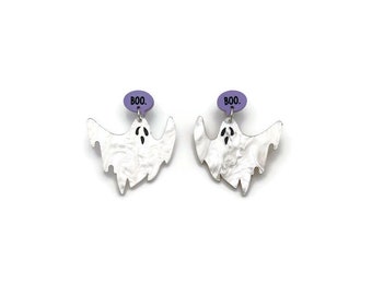 Boo Ghost Earrings, Cute Spooky Season Novelty Earrings, Unique White and Purple Acrylic Statement Earrings, Creepy Cute Halloween Jewelry