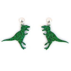 Green Glitter Dinosaur Earrings, Retro Tyrannosaurus Rex Earrings, Fun Jurassic Statement Earrings, Unique Quirky  Paleontology Jewelry