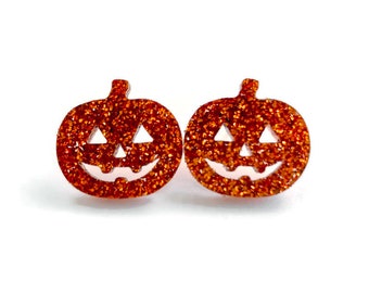 Pendientes de Jack-O-Lantern con purpurina: joyería acrílica de Halloween cortada con láser