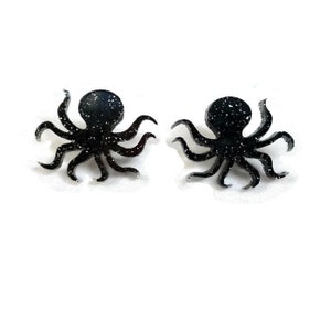 Black Glitter Octopus Earrings - Nautical, Ocean, Sea Creature - Women&#39;s octopus studs - Laser Cut Acrylic Nickel free earrings