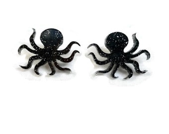 Black Glitter Octopus Earrings - Nautical, Ocean, Sea Creature - Women's octopus studs - Laser Cut Acrylic Nickel free earrings