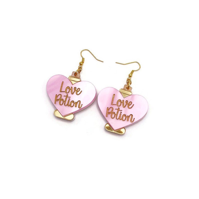 Love Potion Earrings, Cute Valentine's Day Statement Earrings, Women's Quirky Pink and Gold Earrings, Fun Unique Valentine's Day Jewelry image 2