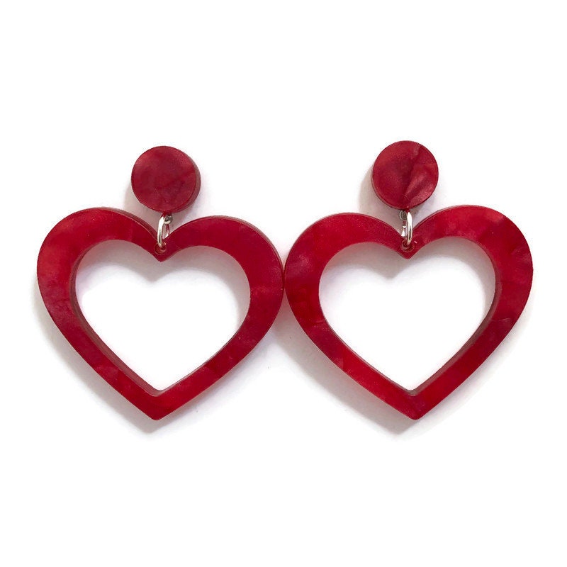 Vintage Orecchini Cuore Rosso Acrilico Orecchini Pendenti