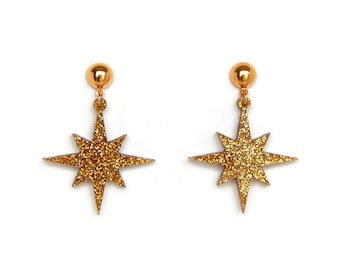 Gold Glitter Starburst Dangle Earrings, Retro 1950s Style Gold Star Earrings, Vintage Inspired Celestial Jewelry, Christmas Star Earrings