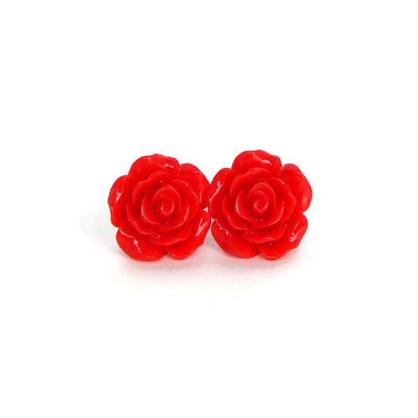 Red Rose Earrings, Large Resin Flower Studs, Vintage Style, Retro, Rockabilly, Pinup, Post, Clip On