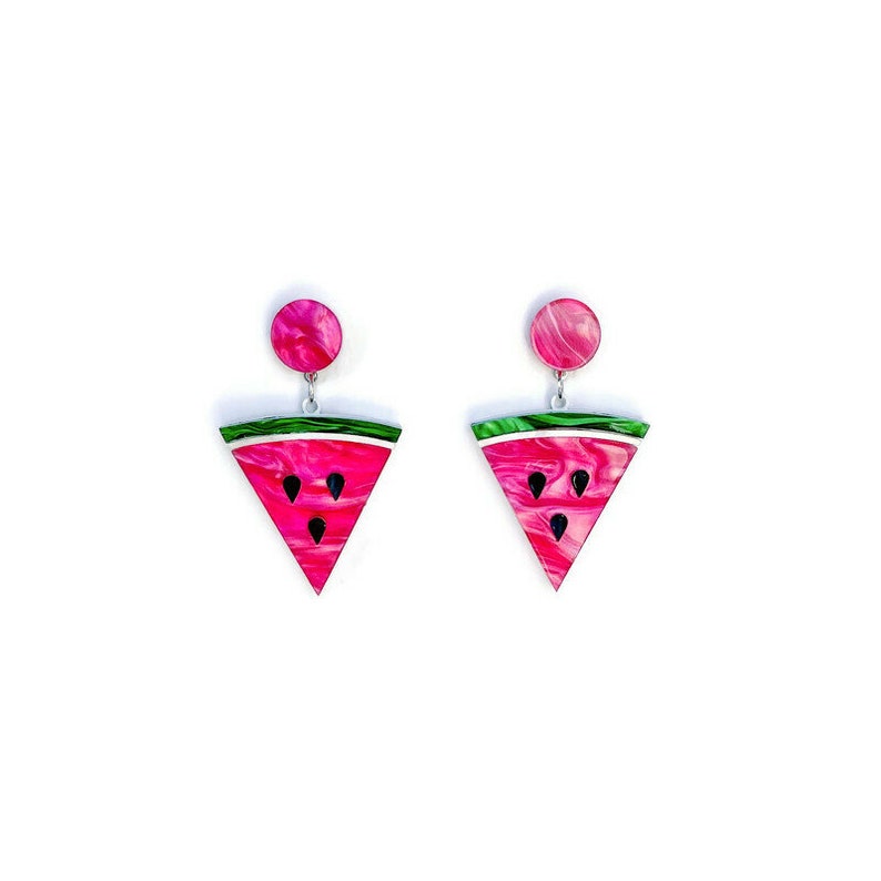 Watermelon Slice Earrings, Fun Summer Statement Earrings, Vintage Inspired Acrylic Dangle Earrings, Cute Novelty Pin Up Style Fruit Jewelry image 3