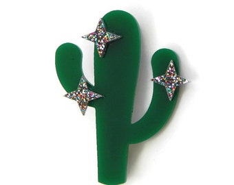Green Cactus Brooch, Green and Rainbow Glitter Acrylic Brooch Pin, Laser Cut Novelty Brooch, Womens Retro Rockabilly Vintage Style Jewelry
