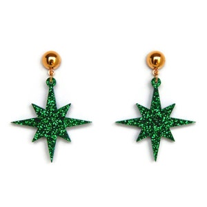 Green Glitter Starburst Bungelen Oorbellen, Retro jaren 1950 Stijl Groene Ster Oorbellen, Vintage Geïnspireerd Hemelse Sieraden, Christmas Star Oorbellen