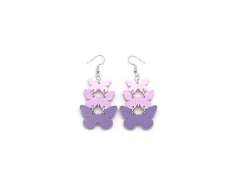 Stacked Pink and Purple Butterfly Dangle Earrings, Unique Retro Acrylic Statement Earrings, Cute Summer Jewelry, Fun Colorful Earrings