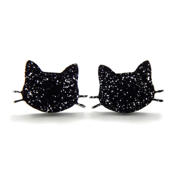 Black Cat Stud Earrings, Laser Cut Acrylic Kitty Post Earrings, Womens Everyday Black Glitter Resin Earrings, Fun Quirky Nickel Free Studs