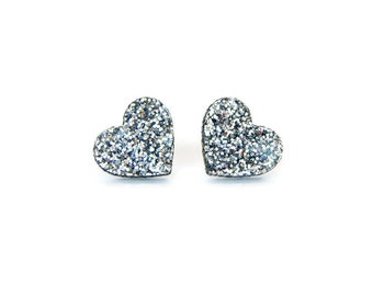 Silver Glitter Heart Stud Earrings: Laser Cut Acrylic, Nickel Free