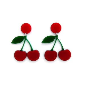 Retro Red Cherry Earrings, Rockabilly Laser Cut Earrings, 1950s Pinup Jewelry, Plastic Earrings Dangle, Vintage Inspired Costume Jewelry