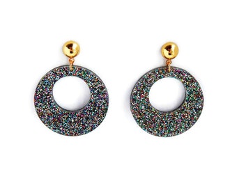 Retro Hoop Earrings Rainbow Glitter, Vintage Inspired Mod Hoop Earrings, Womens Acrylic Dangle Hoop Earrings, Gold or Silver Colored Studs