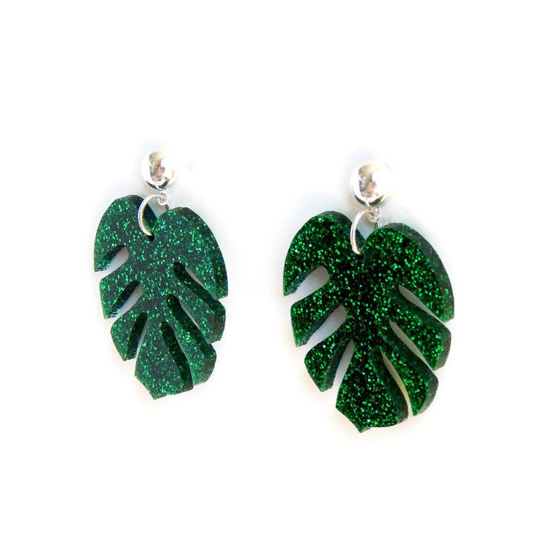 Green Glitter Monstera Leaf Dangle Earrings, Retro Summer Drop Earrings, Tropical Palm Leaf Statement Earrings, Vintage Pin Up Style Jewelry image 9