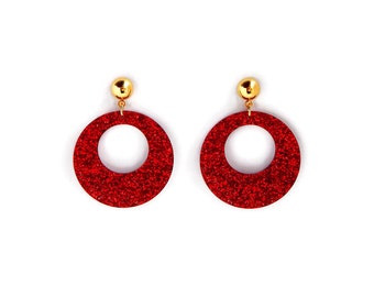 Red Glitter Vintage Style Drop Hoop Earrings, 1960s Style Earrings Retro Hoops, Mid Century Style Jewelry, Gold or Silver Colored Studs