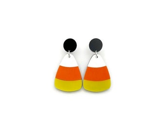 Candy Corn Dangle Earrings, Large Halloween Themed Statement Earrings, Cute Fun Spooky Season Accessories, Unique Halloween Costume Jewelry