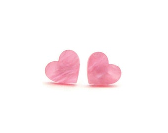 Pink Heart Stud Earrings, Laser Cut Acrylic Ladies Stud Earrings, Womens Everyday Pink Pearl Earrings Nickel Free Studs, Cute Heart Jewelry