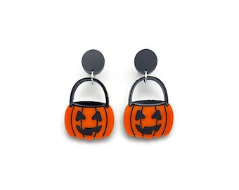 Pumpkin Buckets Earrings, Spooky Season Jack O Lantern Trick or Treat Pail Earrings, Unique Black and Orange Halloween Acrylic Earrings