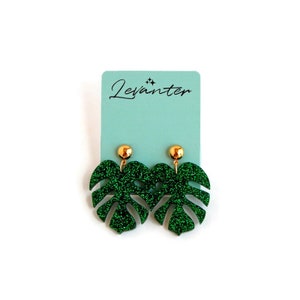 Green Glitter Monstera Leaf Dangle Earrings, Retro Summer Drop Earrings, Tropical Palm Leaf Statement Earrings, Vintage Pin Up Style Jewelry image 7
