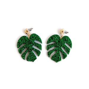 Green Glitter Monstera Leaf Dangle Earrings, Retro Summer Drop Earrings, Tropical Palm Leaf Statement Earrings, Vintage Pin Up Style Jewelry image 3