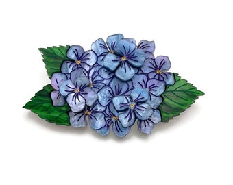 Blue Hydrangea Flower Brooch, Cute Spring Floral Bloom Pin, Laser Cut Garden Jewelry, Unique Resin Nature Brooch, Quirky Retro Plant Brooch