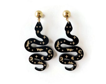 Witchy Snake Earrings, Halloween Style Serpent Earrings, Unique Black and Gold Acrylic Earrings, Quirky Creepy Witchy Style Novelty Jewelry