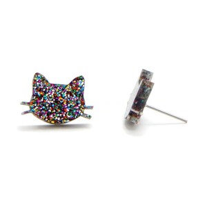 Glitter Cat Stud Earrings, Laser Cut Acrylic Kitty Post Earrings, Womens Everyday Rainbow Glitter Earrings, Fun Quirky Resin Sparkle Studs image 2