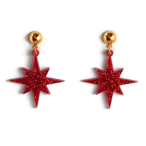 Brincos pendurados em forma de estrela vermelha com glitter, brincos retrô de estrela de meados do século, joias inspiradas no vintage dos anos 1950 e 1960, brincos celestiais de acrílico