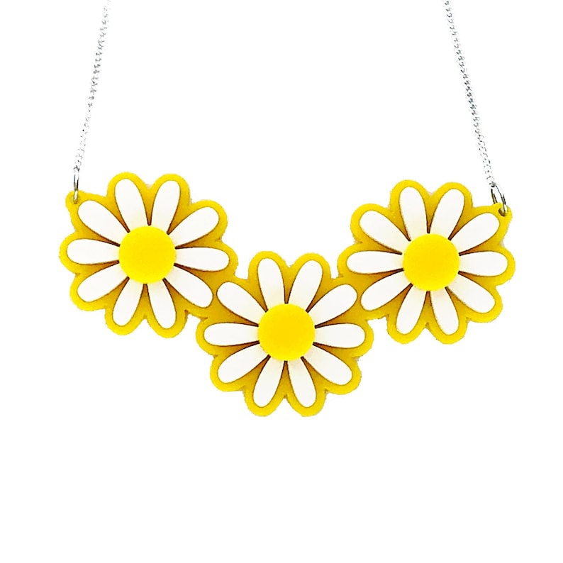 60s -70s Jewelry – Necklaces, Earrings, Rings, Bracelets Daisy Flower Statement Necklace Laser Cut Acrylic Floral Necklace Retro Rockabilly Pin Up Handmade Resin Jewelry $32.00 AT vintagedancer.com