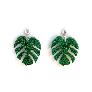 Green Glitter Monstera Leaf Dangle Earrings, Retro Summer Drop Earrings, Tropical Palm Leaf Statement Earrings, Vintage Pin Up Style Jewelry image 10