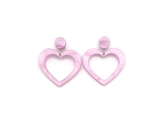 Pink Heart Hoop Earrings, Cute Pink Pearl Acrylic Statement Earrings, Womens Resin Heart Earrings Dangle, Retro Vintage Inspired Jewelry