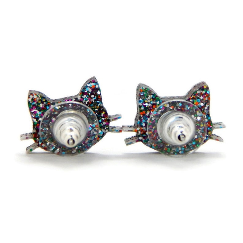 Glitter Cat Stud Earrings, Laser Cut Acrylic Kitty Post Earrings, Womens Everyday Rainbow Glitter Earrings, Fun Quirky Resin Sparkle Studs image 5