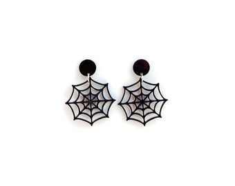 Black Spiderweb Earrings, Retro Acrylic Dangle Earrings, Womens Spooky Halloween Jewelry Earrings, Rockabilly Goth Creepy Cute Pinup Jewelry