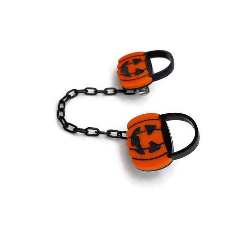 Pumpkin Bucket Sweater Clip, Halloween Jack O Lantern Trick or Treat Candy Bucket Cardigan Clips, Sweater Guards, Spooky Season Collar Clips image 2