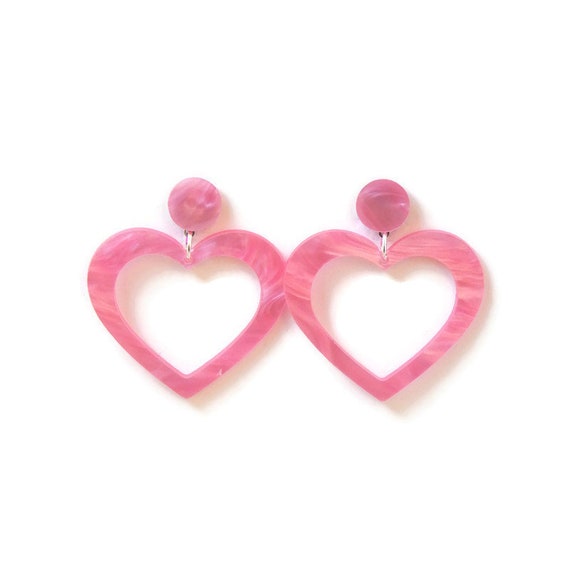 Pink Heart Hoop Earrings Cute Pink Pearl Acrylic Statement | Etsy