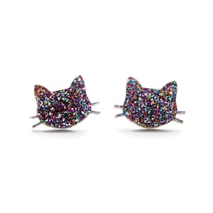 Glitter Cat Stud Earrings, Laser Cut Acrylic Kitty Post Earrings, Womens Everyday Rainbow Glitter Earrings, Fun Quirky Resin Sparkle Studs image 6