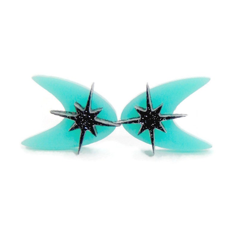 Aqua Mid Century Boomerang Stud Earrings, Atomic 1950s 1960s Laser Cut Acrylic Studs, Retro Celestial Earring, Vintage Style Pinup Jewelry image 2