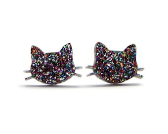 Glitter Cat Stud Earrings, Laser Cut Acrylic Kitty Post Earrings, Womens Everyday Rainbow Glitter Earrings, Fun Quirky Resin Sparkle Studs