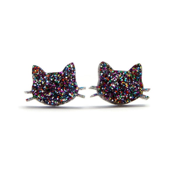 Glitter Cat Stud Earrings, Laser Cut Acrylic Kitty Post Earrings, Womens Everyday Rainbow Glitter Earrings, Fun Quirky Resin Sparkle Studs