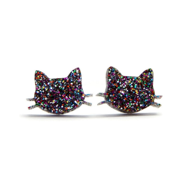 Glitter Cat Stud Earrings, Laser Cut Acrylic Kitty Post Earrings, Womens Everyday Rainbow Glitter Earrings, Fun Quirky Resin Sparkle Studs image 1