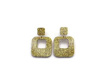 Gold Glitter Square Mod Hoop Earrings, Fun Retro Mid Century Earrings, 1950s 1960s Vintage Inspired Jewelry, Acrylic Statement Earrings