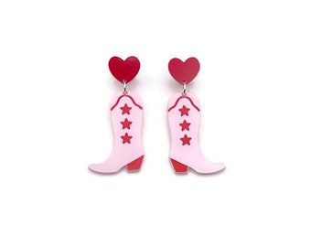 Pink and Red Cowgirl Boot Earrings, Retro Western Statement Earrings, Cute Kitschy Acrylic Earrings, Fun Vintage Inspired Novelty Jewelry