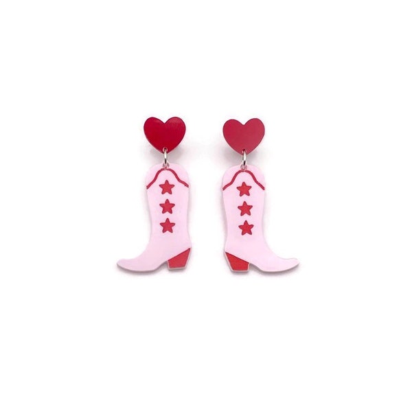Pink and Red Cowgirl Boot Earrings, Retro Western Statement Earrings, Cute Kitschy Acrylic Earrings, Fun Vintage Inspired Novelty Jewelry